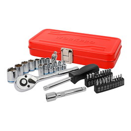 Workpro Llave de Carraca 1/4" Juego 37 Piezas con 1 Carraca 72 Dientes, Alargador, Barra Extensión 75 mm, Cardán, Mango Giratorio, 12 Vasos y 20 Puntas