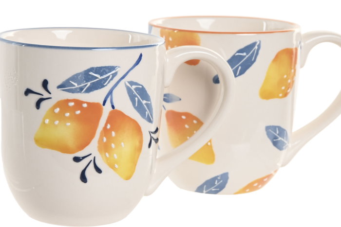DKD Home Decor Mug Mediterraneo Gres Azul Amarillo Blanco Naranja 10.5 x 11.5 x 16 cm (4 Unidades)