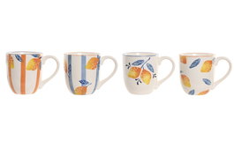 DKD Home Decor Set de 4 Tazas de Gres Limón Relieve 360ml