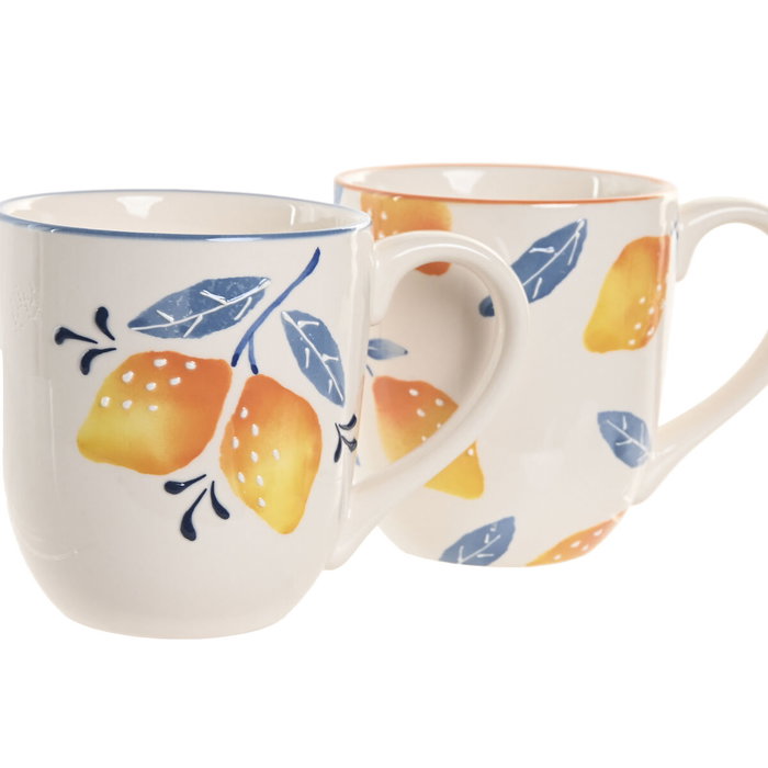 DKD Home Decor Set de 4 Tazas de Gres Limón Relieve 360ml