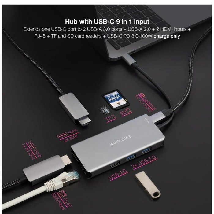 Nanocable Hub USB-C 9 en 1 con 2xHDMI 4K, 3xUSB-A, RJ45 y PD 100W - Gris