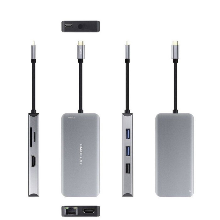 Nanocable Hub USB-C 9 en 1 con 2xHDMI 4K, 3xUSB-A, RJ45 y PD 100W - Gris