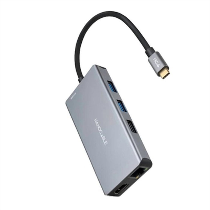 Nanocable Hub USB-C 9 en 1 con 2xHDMI 4K, 3xUSB-A, RJ45 y PD 100W - Gris