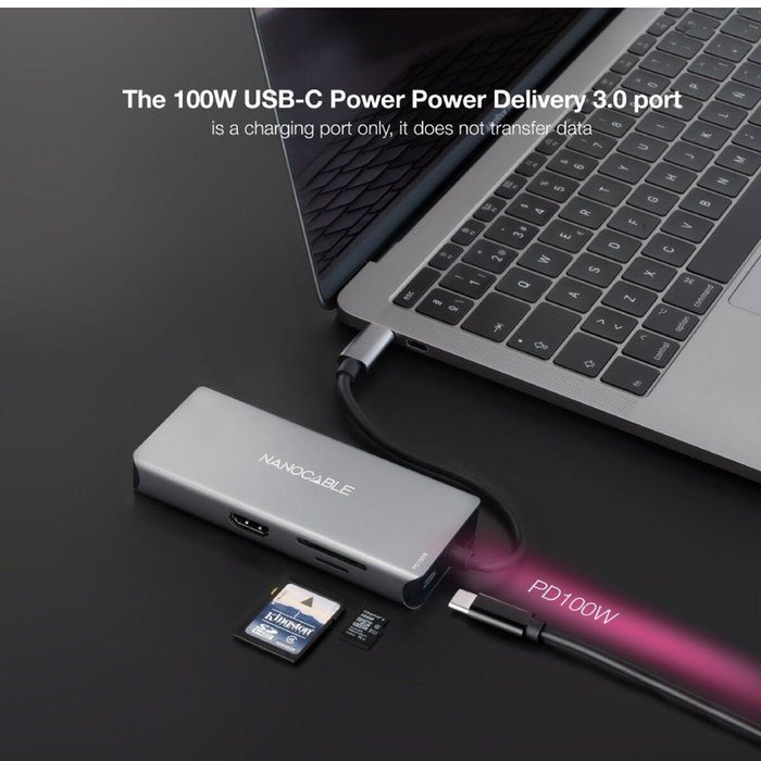 Nanocable Hub USB-C 9 en 1 con 2xHDMI 4K, 3xUSB-A, RJ45 y PD 100W - Gris