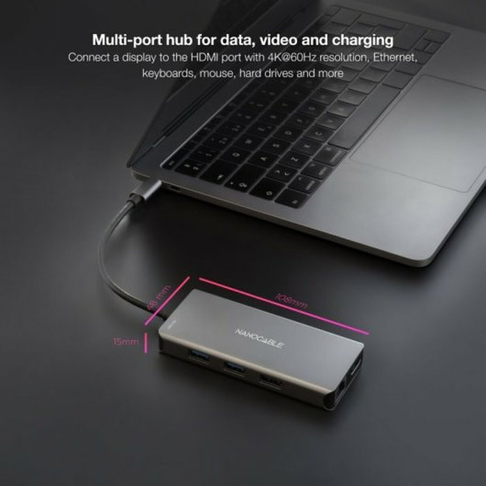 Nanocable Hub USB-C 9 en 1 con 2xHDMI 4K, 3xUSB-A, RJ45 y PD 100W - Gris