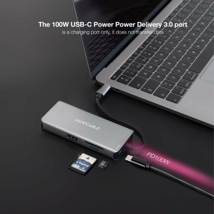 Nanocable Hub USB-C 9 en 1 con 2xHDMI 4K, 3xUSB-A, RJ45 y PD 100W - Gris