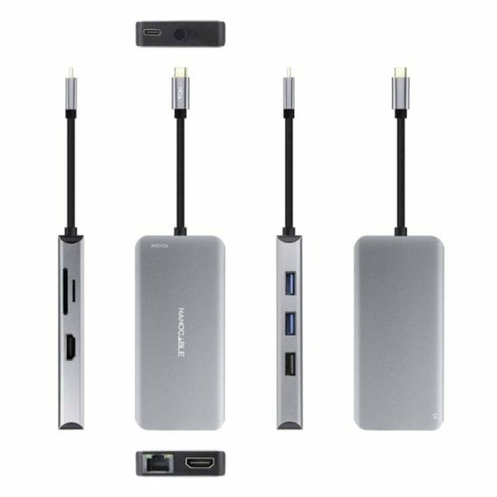 Nanocable Hub USB-C 9 en 1 con 2xHDMI 4K, 3xUSB-A, RJ45 y PD 100W - Gris