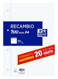 Oxford Recambio A4 100 Hojas 90 gr 4x4 mm 4 Taladros