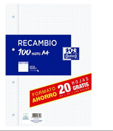 Oxford Recambio de Papel A4 Cuadriculado 4x4 mm con Margen, 100 Hojas (80+20 Gratis)