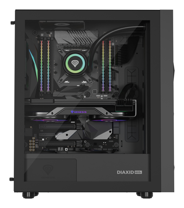 GENESIS 605F Midi Tower Negro PC Juego ATX Micro-ATX Mini-ITX con Ventana de Vidrio Templado y Filtro Anti-polvo