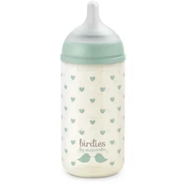 Suavinex Biberón Birdies de vidrio 240 ml con Tetina SX Pro S para 3 a 6 meses, Verde - SUA8426420905220