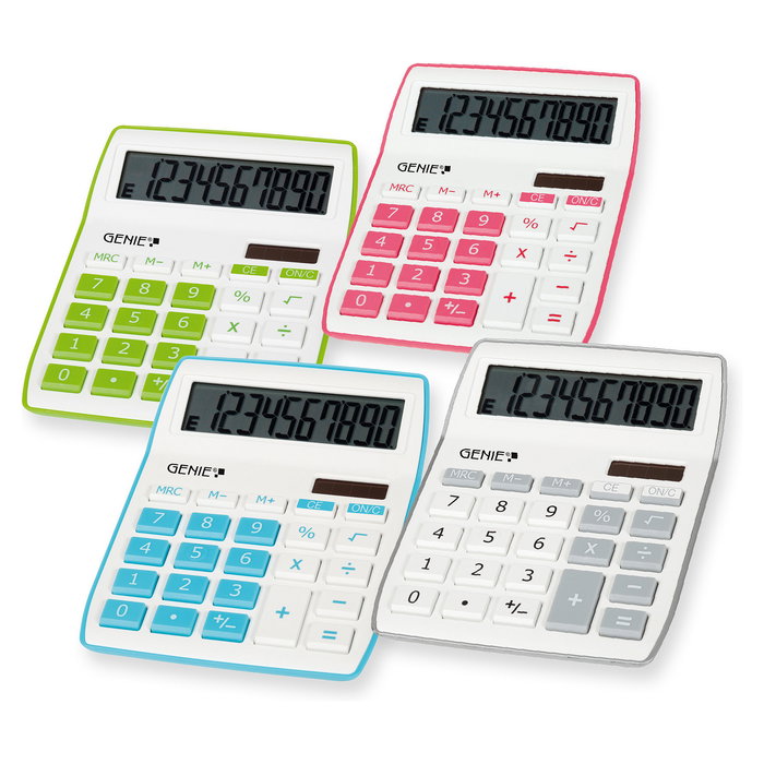 GENIE 840S Tischrechner Calculadora de Escritorio con Pantalla Inclinable, 10 Dígitos, Alimentación Batería/Solar, Color Gris/Blanco