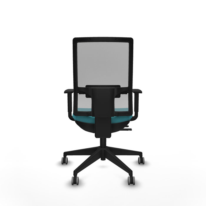 Silla de oficina Horna con mecanismo Sincro/Traslack tapizada con Tela color Turquesa y malla color Gris. Equipada con lumbar 1D, Brazos 1D y Ruedas 65 mm parqué