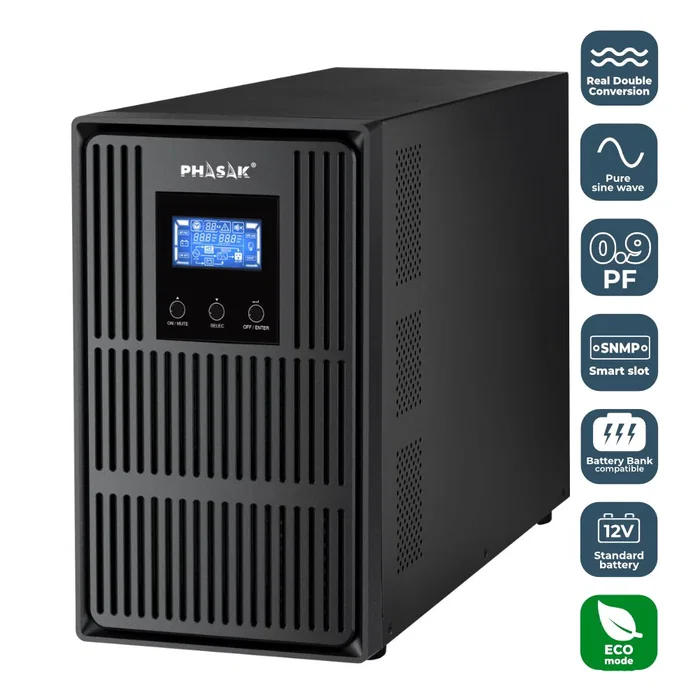 Phasak PH 8030 SAI Online UPS Doble Conversión 3kVA 2700W con Pantalla LCD, 3 Salidas AC, Modo ECO, Compatible con Generador - Factor de Potencia 0.9
