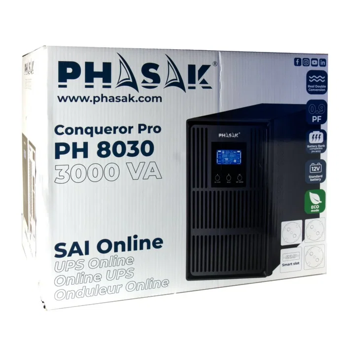 Phasak PH 8030 SAI Online UPS Doble Conversión 3kVA 2700W con Pantalla LCD, 3 Salidas AC, Modo ECO, Compatible con Generador - Factor de Potencia 0.9