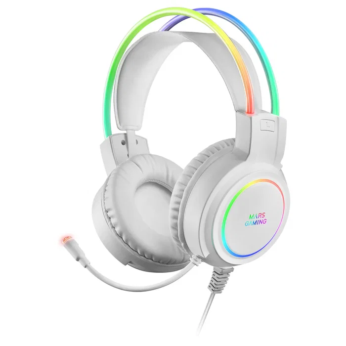 Mars Gaming Auriculares Gaming MHRGBW con Iluminación RGB 360°, Micrófono, Ultra-Bass 3D, Alámbrico, USB y Jack 3.5mm, Color Blanco