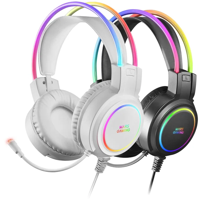 Mars Gaming Auriculares Gaming MHRGBW con Iluminación RGB 360°, Micrófono, Ultra-Bass 3D, Alámbrico, USB y Jack 3.5mm, Color Blanco