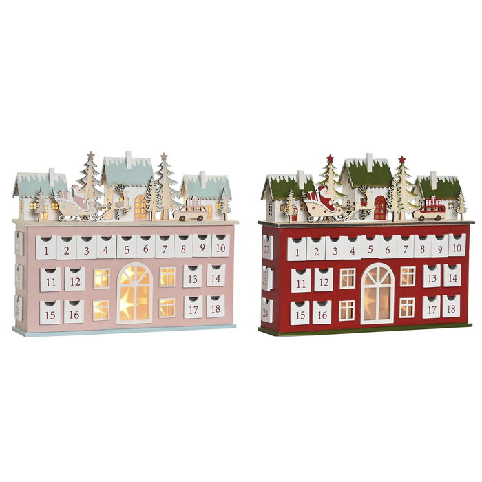 DKD Home Decor Calendario de Adviento LED de Madera, Surtido de 2 Unidades (Rojo y Rosa)