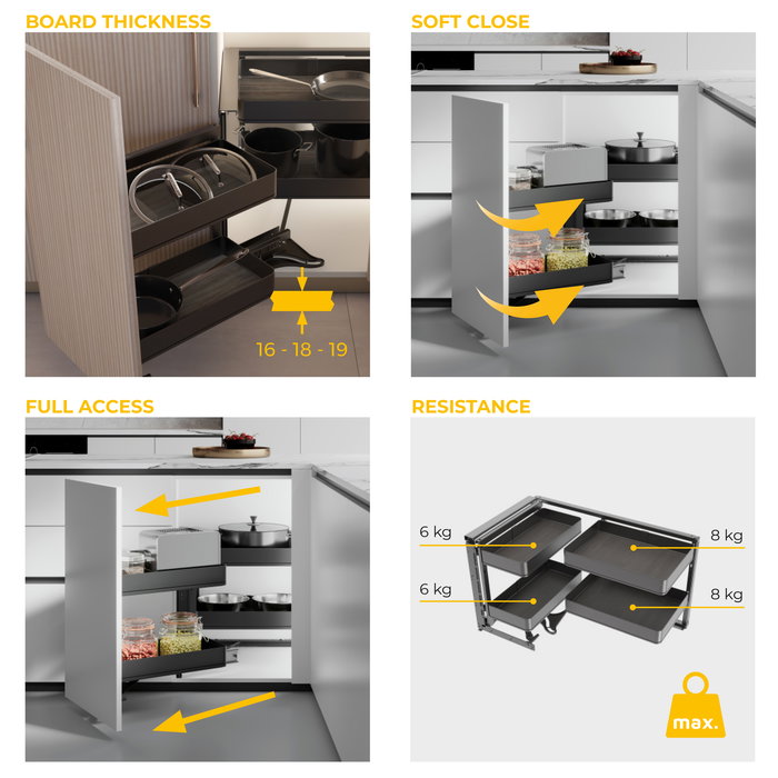 Emuca Rinconero extraíble Harmony para muebles de cocina, Izquierda, Acero y Madera, Gris antracita