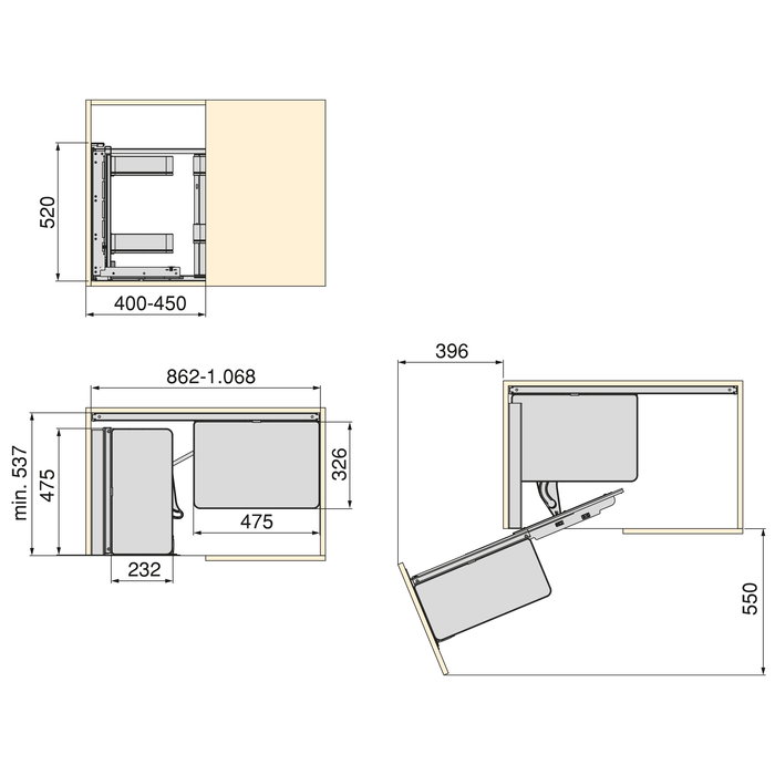 Emuca Rinconero extraíble Harmony para muebles de cocina, Izquierda, Acero y Madera, Gris antracita