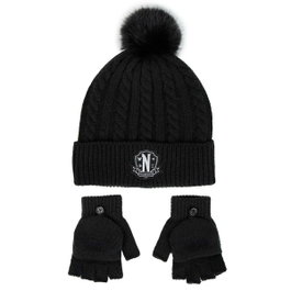 Cerdá Conjunto de Gorro Beanie y Guantes Wednesday Negro