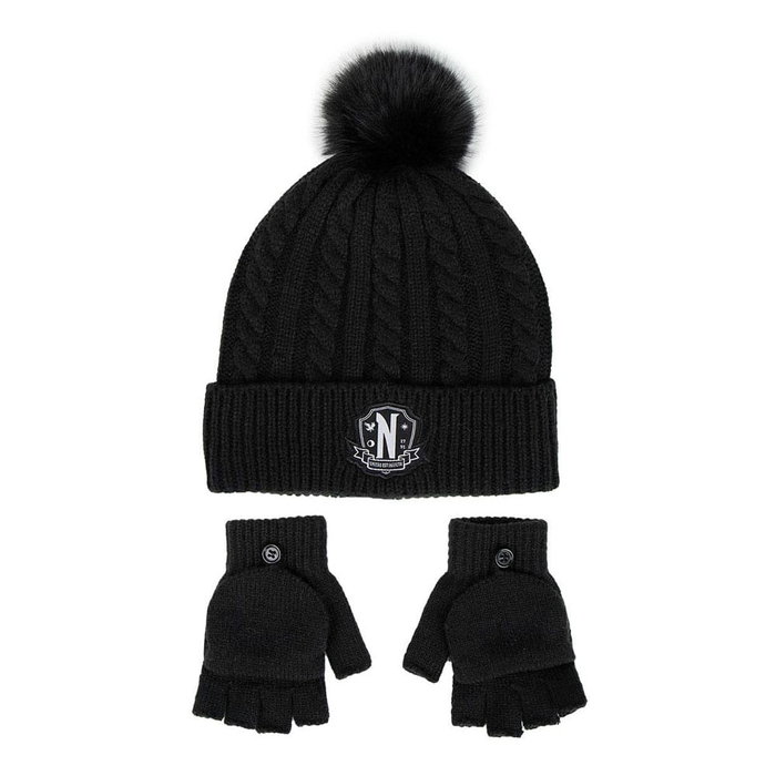 Cerdá Conjunto de Gorro Beanie y Guantes Wednesday Negro
