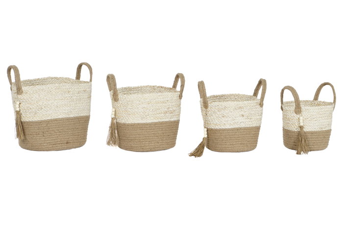 DKD Home Decor Set de 4 Cestas de Maíz Trenzado y Yute con Asas DKD Home Decor Set de 4 Cestas de Maíz Trenzado y Yute con Asas