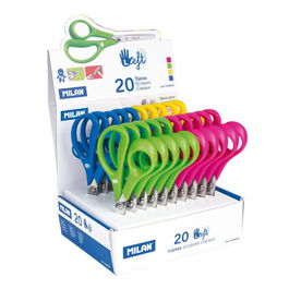 Milan 1439620 Caja expositora 20 tijeras para zurdos mango plástico acero inoxidable colores surtidos 14 cm