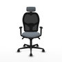 Silla de oficina Jorquera con mecanismo Sincro tapizada con Tela color Gris y malla color Negro. Equipada con lumbar 1D, Brazos 1D, Cabecero 2D y Ruedas 65mm nailon