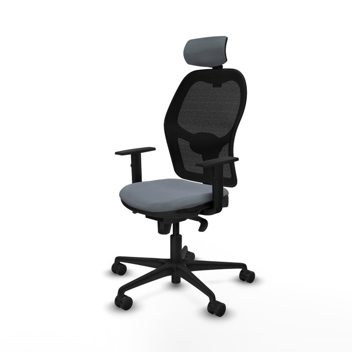 Silla de oficina Jorquera con mecanismo Sincro tapizada con Tela color Gris y malla color Negro. Equipada con lumbar 1D, Brazos 1D, Cabecero 2D y Ruedas 65mm nailon
