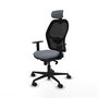 Silla de oficina Jorquera con mecanismo Sincro tapizada con Tela color Gris y malla color Negro. Equipada con lumbar 1D, Brazos 1D, Cabecero 2D y Ruedas 65mm nailon