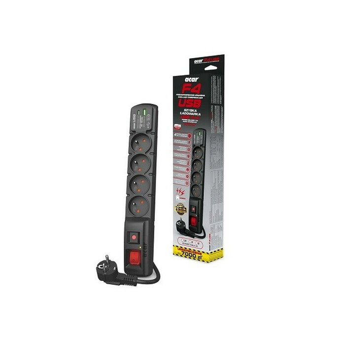 Acar F4 Regleta protectora con 4 tomas, USB PD 3.0 y QC, 5m, negro