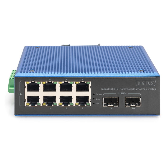 Digitus Switch Industrial Fast Ethernet PoE 8+2 Puertos No Administrado 10/100 Mbps con Montaje en Carril DIN para Entornos Extremos