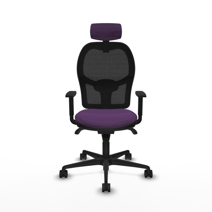 Silla de oficina Jorquera con mecanismo Sincro tapizada con Tela color Morado y malla color Negro. Equipada con lumbar 1D, Brazos 1D, Cabecero 2D y Ruedas 65mm nailon