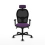 Silla de oficina Jorquera con mecanismo Sincro tapizada con Tela color Morado y malla color Negro. Equipada con lumbar 1D, Brazos 1D, Cabecero 2D y Ruedas 65mm nailon
