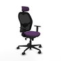 Silla de oficina Jorquera con mecanismo Sincro tapizada con Tela color Morado y malla color Negro. Equipada con lumbar 1D, Brazos 1D, Cabecero 2D y Ruedas 65mm nailon