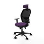 Silla de oficina Jorquera con mecanismo Sincro tapizada con Tela color Morado y malla color Negro. Equipada con lumbar 1D, Brazos 1D, Cabecero 2D y Ruedas 65mm nailon