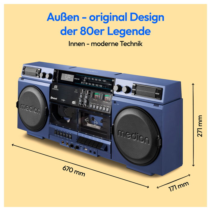 Medion LIFE® P66538 Boombox Retro Azul con Radio DAB+, Bluetooth 5.3, USB, Karaoke, CD, Cassette y Altavoces (20 W)