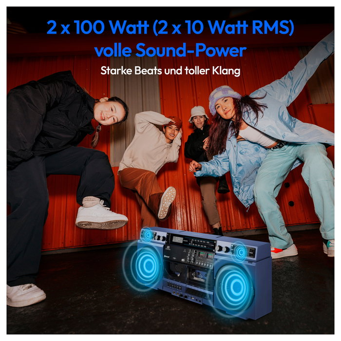 Medion LIFE® P66538 Boombox Retro Azul con Radio DAB+, Bluetooth 5.3, USB, Karaoke, CD, Cassette y Altavoces (20 W)