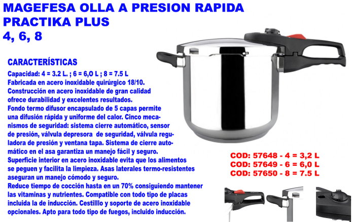 Magefesa Olla a Presión Rápida Practika Plus 7,5 Litros Magefesa Olla a Presión Rápida Practika Plus 7,5 Litros