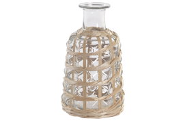 DKD Home Decor Jarrón de Cristal y Mimbre Natural 12x12x20 cm