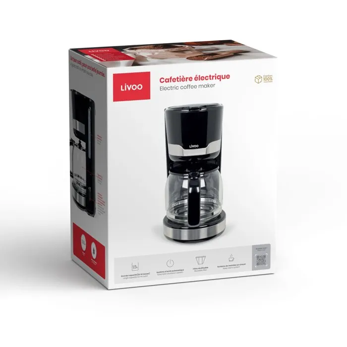 Livoo Cafetera Eléctrica DOD201N 12 a 14 Tazas 1000W 1.5L Color Negro