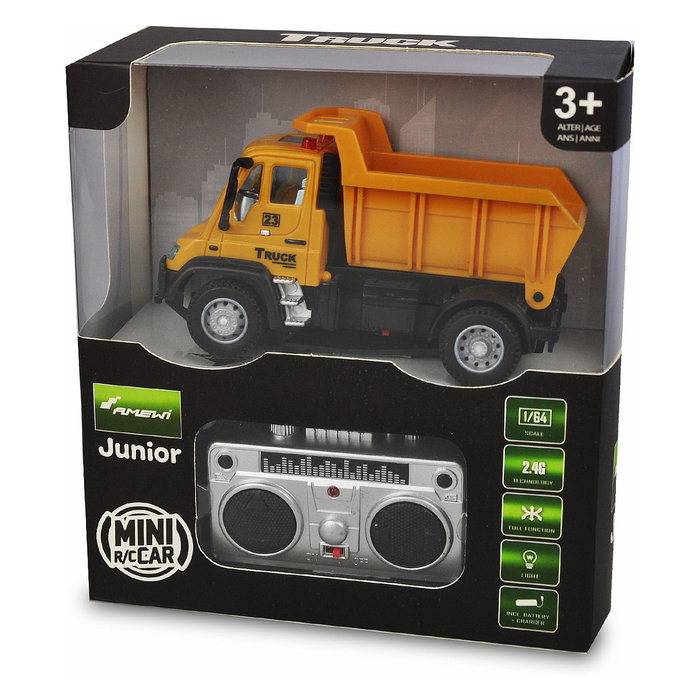 AMEWI RC Auto Mini Truck Kipper 1:64 Radio Control para Ninos de 3+ Anos con Luces, Bateria Li-Ion 500mAh 3.7V, Tiempo de Juego 15 Min, Carga USB, Color Amarillo y Negro