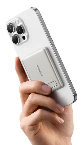 Baseus Picogo AM31 Qi2 Power Bank Magnético 5000mAh 20W con Soporte Ultra-Mini Titanio Natural + Cable Trenzado USB-C a USB-C 30cm Blanco