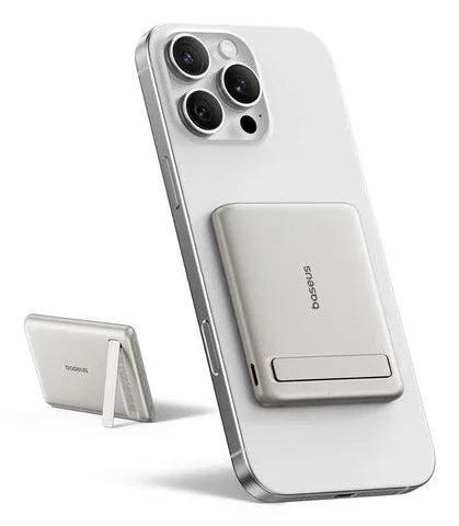 Baseus Picogo AM31 Qi2 Power Bank Magnético 5000mAh 20W con Soporte Ultra-Mini Titanio Natural + Cable Trenzado USB-C a USB-C 30cm Blanco