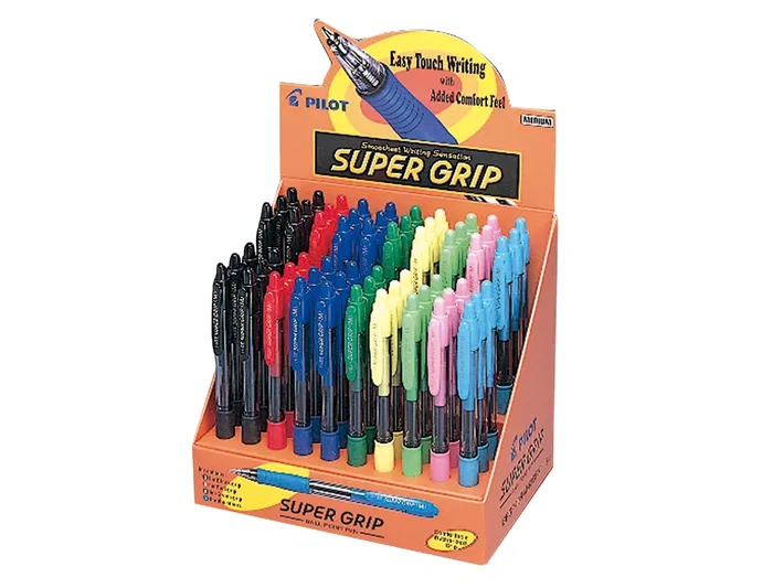 Pilot Boligrafo Super Grip Retractil Expositor 60 Unidades con Sujecion de Caucho Tinta de Aceite Ancho Escritura 0.4 mm Colores Surtidos