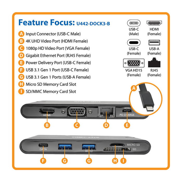 Eaton Tripp Lite U442-DOCK3-B Estación de Conexión USB-C 4K HDMI, VGA, GbE y Carga PD 100W