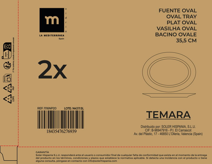 La Mediterranea Fuente Oval Temara Opal 35,5 cm (Pack de 12) de 34,5 x 25,6 x 2,9 cm La Mediterranea Fuente Oval Temara Opal 35,5 cm (Pack de 12) de 34,5 x 25,6 x 2,9 cm