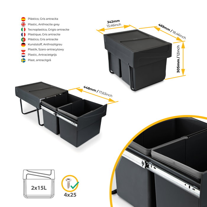 Emuca Contenedor de reciclaje de fijación inferior, 2x15L, Negro Emuca Contenedor de reciclaje de fijación inferior, 2x15L, Negro