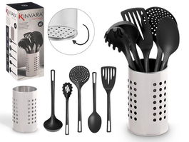 KINVARA Set 5 Utensilios Cocina Acero Inoxidable con Soporte Gris y Negro, 13x32.5x12.5 cm (Set de 12)